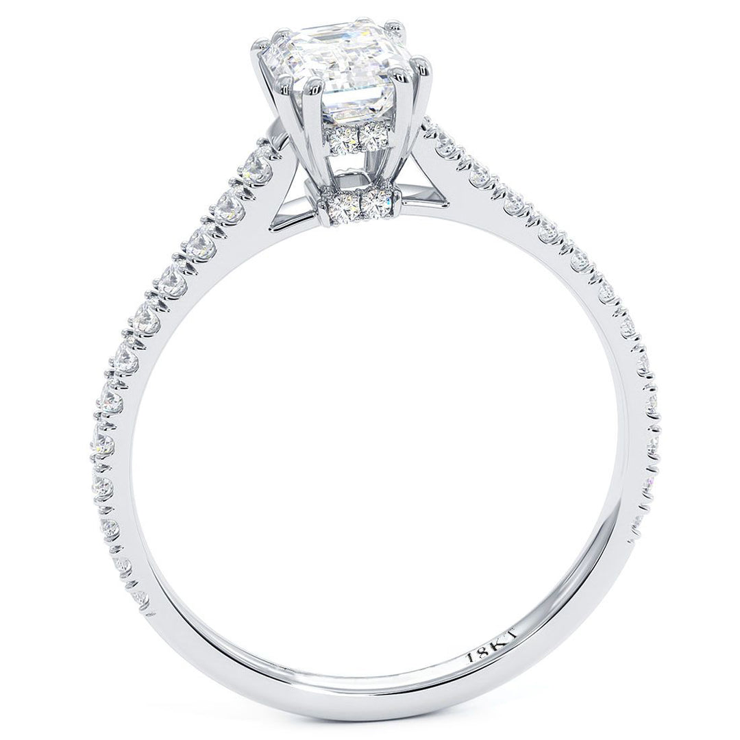 Emerald Cut Head, Double Prongs, Diamonds Under The Head, Petite Micropave Diamond Cathedral Shank, Engagement Ring Setting (0.35ctw) in 18k White Gold