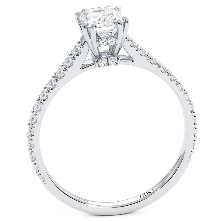 Emerald Cut Head, Double Prongs, Diamonds Under The Head, Petite Micropave Diamond Cathedral Shank, Engagement Ring Setting (0.35ctw) in 18k White Gold