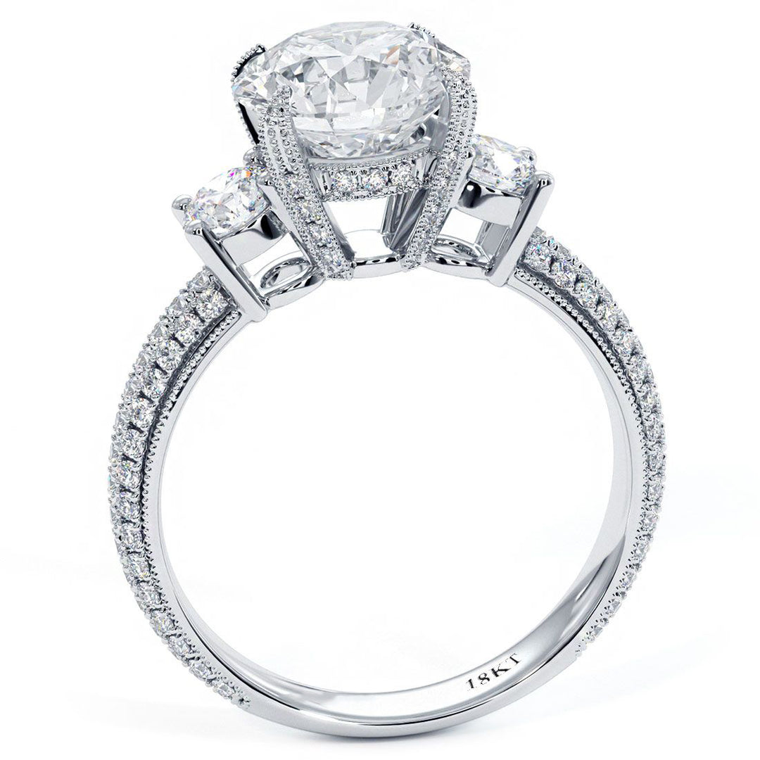 Round Center Three Stone Micropavé Eagle Prongs Diamond Engagement Ring Setting (1.12ctw) in 18k White Gold