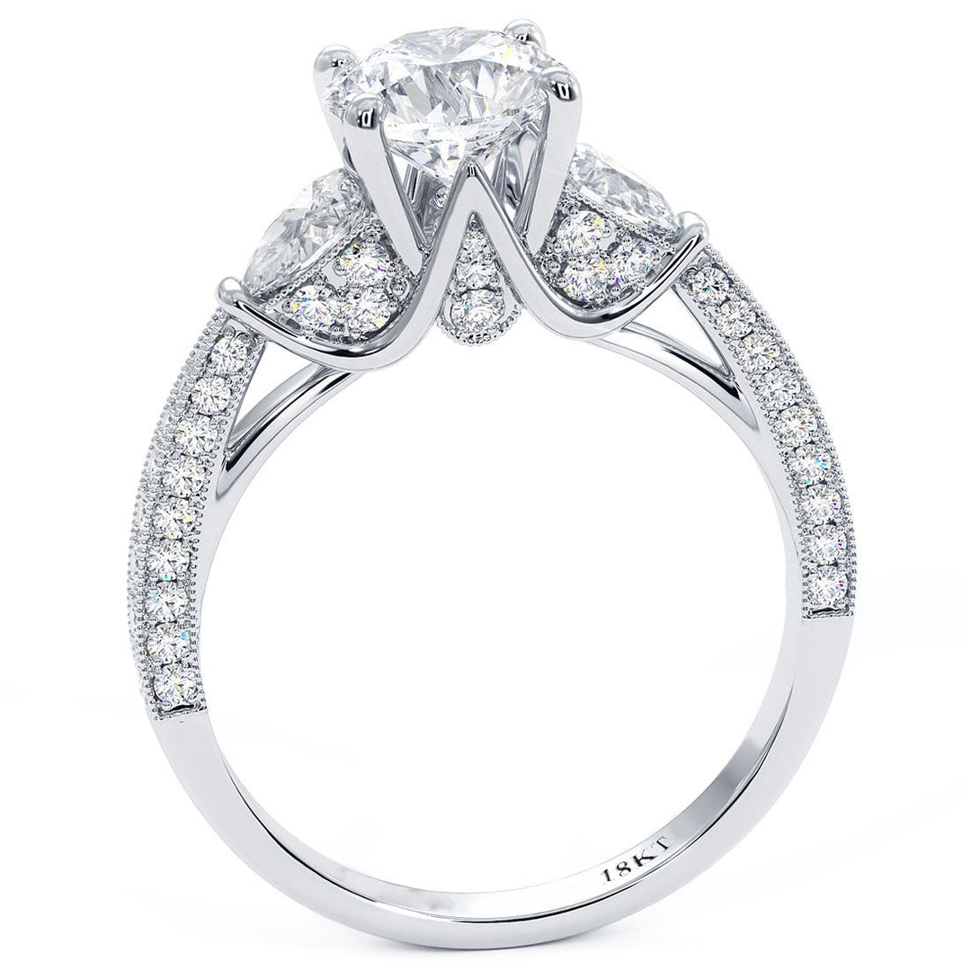 Round Center Three Stone Milgrain Vintage Style Diamond Engagement Ring Setting (0.75ctw) in 18k White Gold
