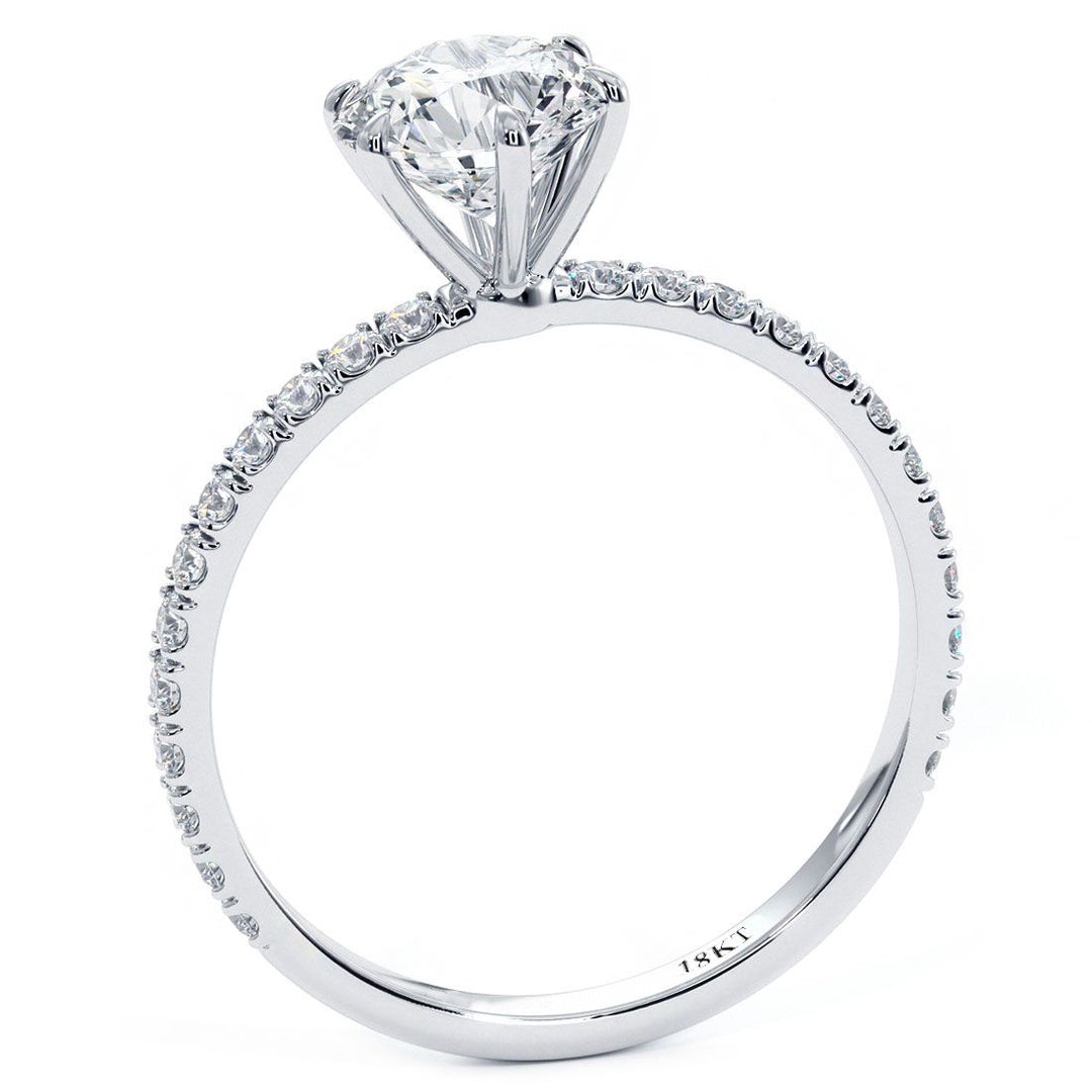 6 Prong Head for Round Cut Center, Petite Micropave Diamond Shank, Engagement Ring Setting (0.30ctw) in 18k White Gold