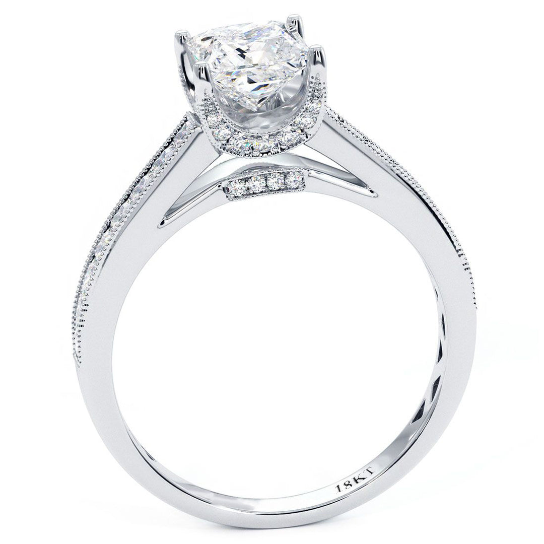 Princess Cut Cathedral Milgrain Channel Set Diamond Engagement Ring Setting (0.70ctw) in 18k White Gold