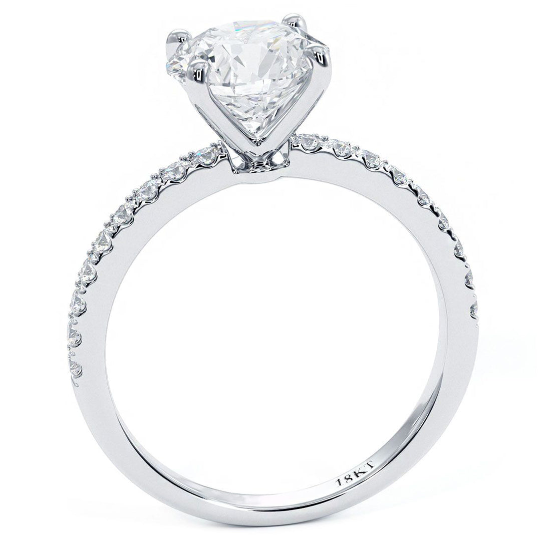 4 Prong Head, Petite Micropave Diamond Shank, Engagement Ring Setting (0.30ctw) in 18k White Gold