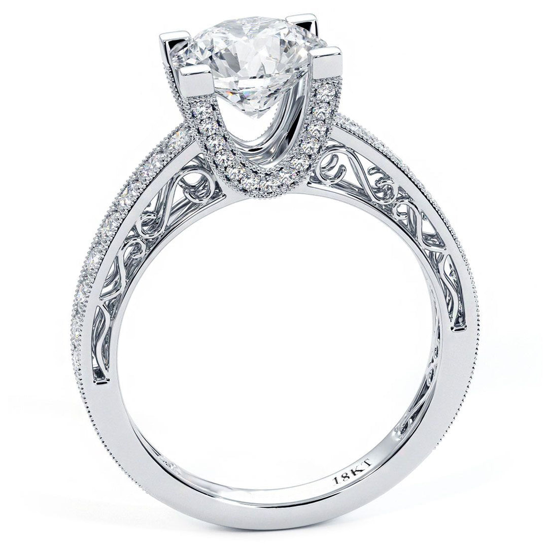 Round Head, Filigree U Shape Prongs Vintage Style Diamond Engagement Ring Setting (0.63ctw) in 18k White Gold