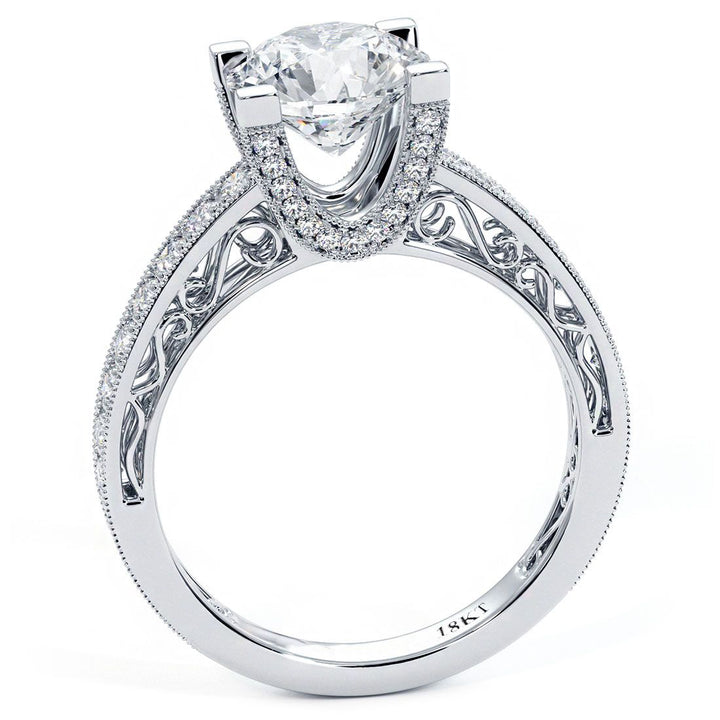 Round Head, Filigree U Shape Prongs Vintage Style Diamond Engagement Ring Setting (0.63ctw) in 18k White Gold