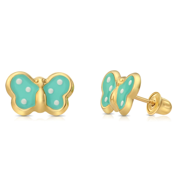 14K Yellow Gold Butterfly Enamel Stud Earrings - Screwbacks (L)