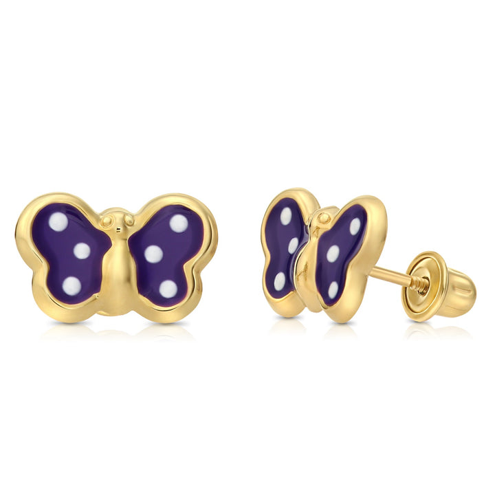 14K Yellow Gold Butterfly Enamel Stud Earrings - Screwbacks (L)