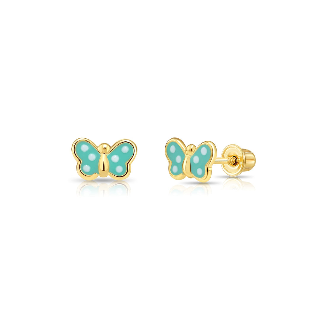 14k Yellow Gold Butterfly Enamel Stud Earrings - Screwbacks (S)