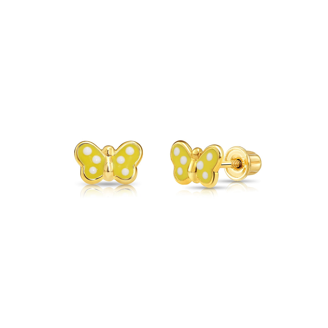 14K Yellow Gold Butterfly Enamel Stud Earrings - Screwbacks (L)