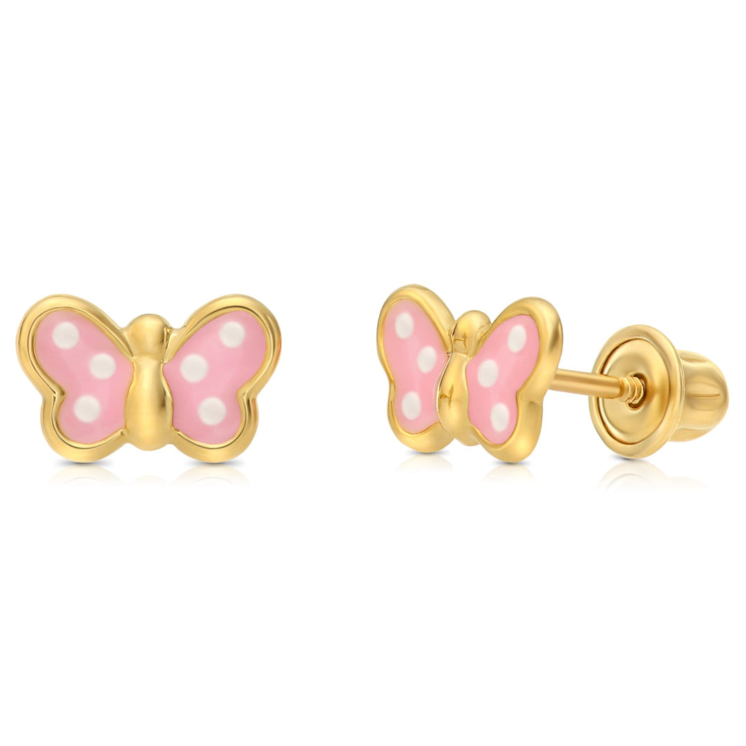 14K Yellow Gold Butterfly Enamel Stud Earrings - Screwbacks (L)