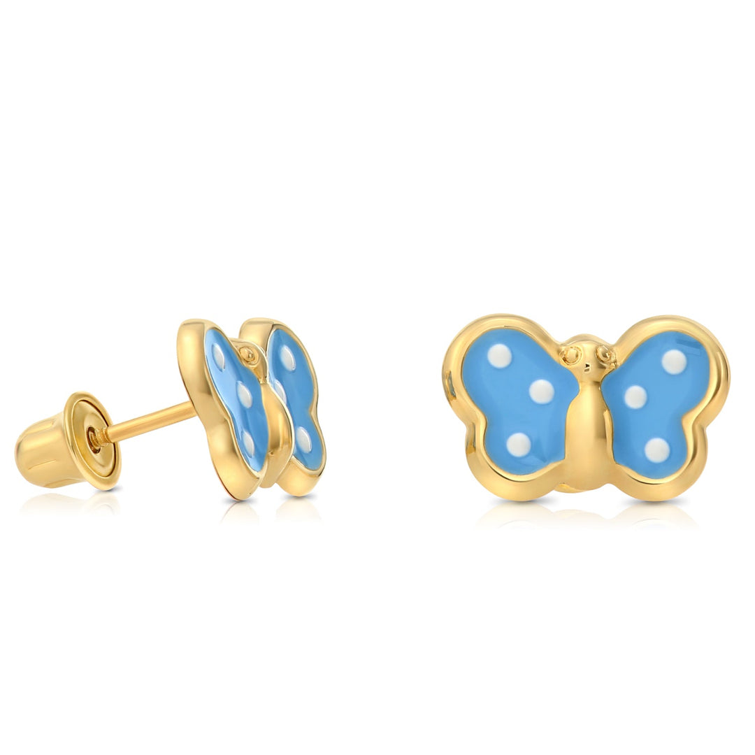 14K Yellow Gold Butterfly Enamel Stud Earrings - Screwbacks (L)