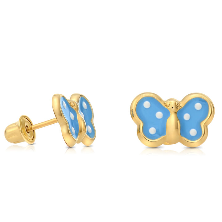 14K Yellow Gold Butterfly Enamel Stud Earrings - Screwbacks (L)