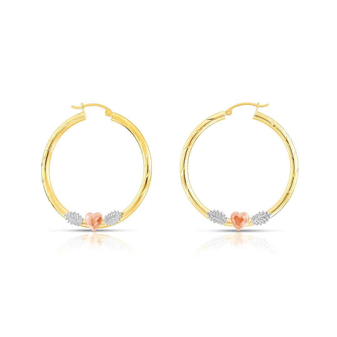 14K Tri-Color Gold Diamond Cut Heart Hoop Earrings, Flat Bar