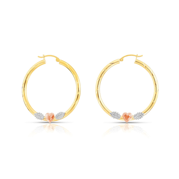 14K Tri-Color Gold Diamond Cut Heart Hoop Earrings, Flat Bar