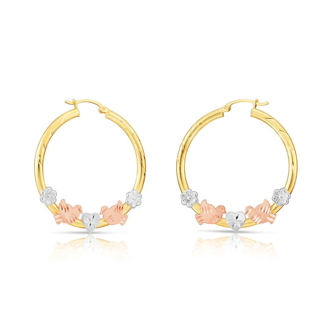 14K Gold Tri-Color Hoop with Birds and Diamond Cut Design, Flat Bar