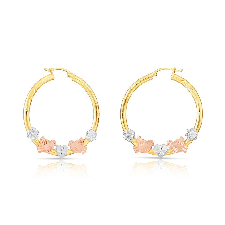 14K Gold Tri-Color Hoop with Birds and Diamond Cut Design, Flat Bar