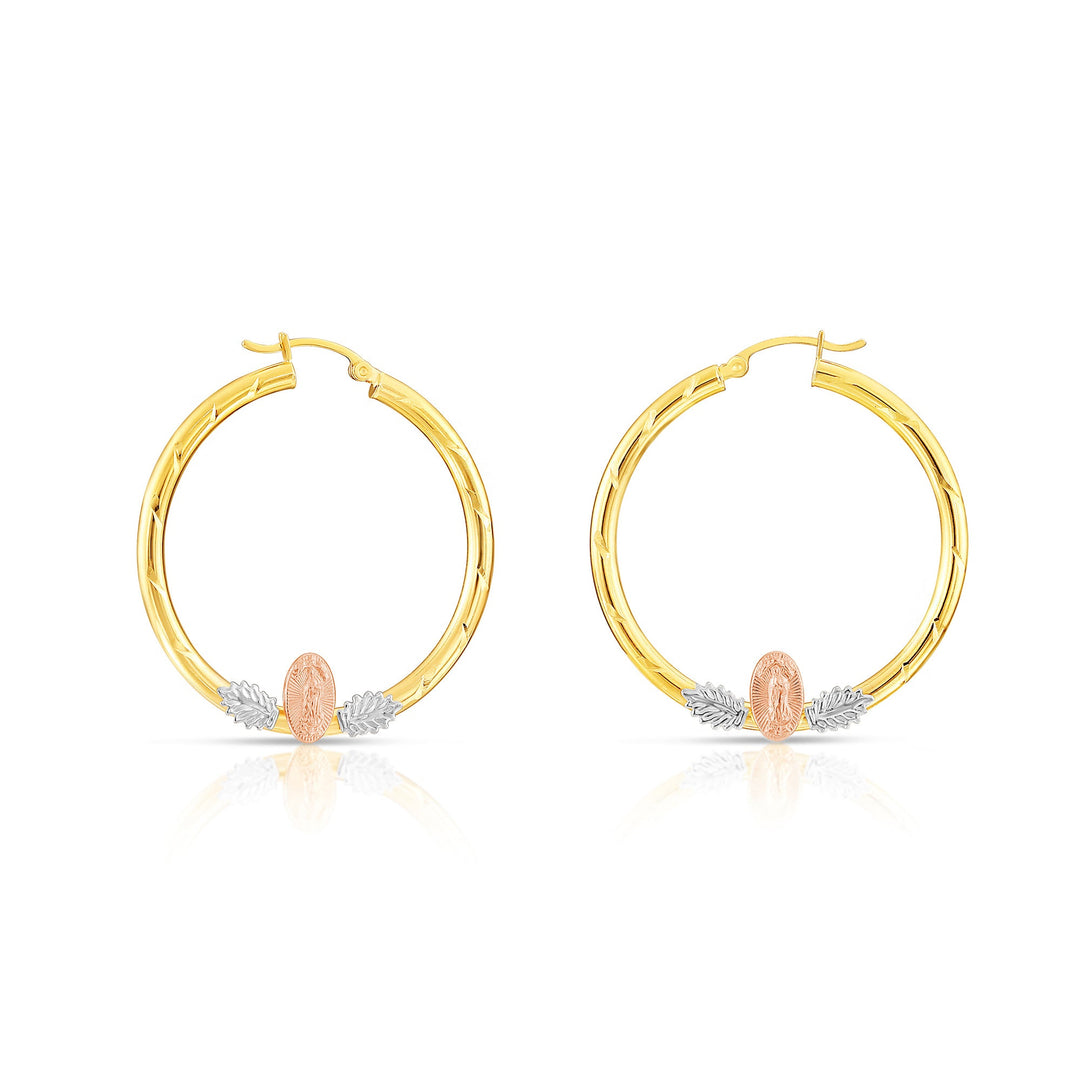 14k Tri Color Gold Hoop with Guadeloupe and Diamond Cut, Flat Bar