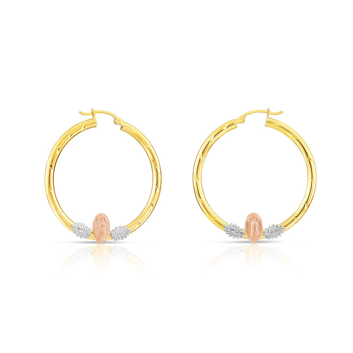 14k Tri Color Gold Hoop with Guadeloupe and Diamond Cut, Flat Bar