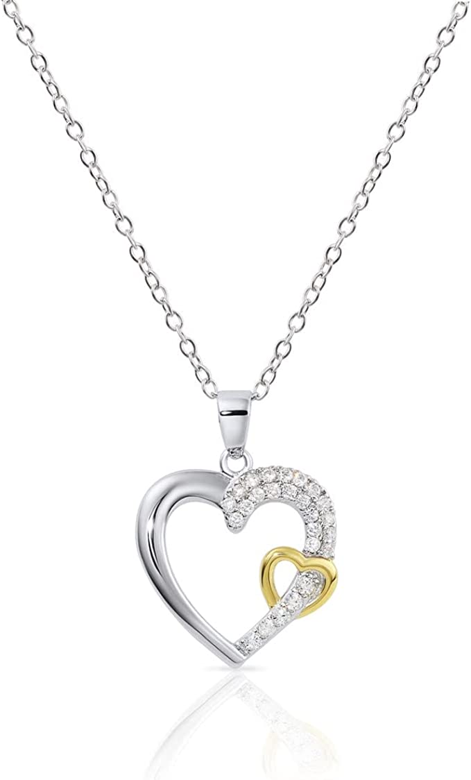 Sterling Silver Open Double Heart Cubic Zirconia Pendant