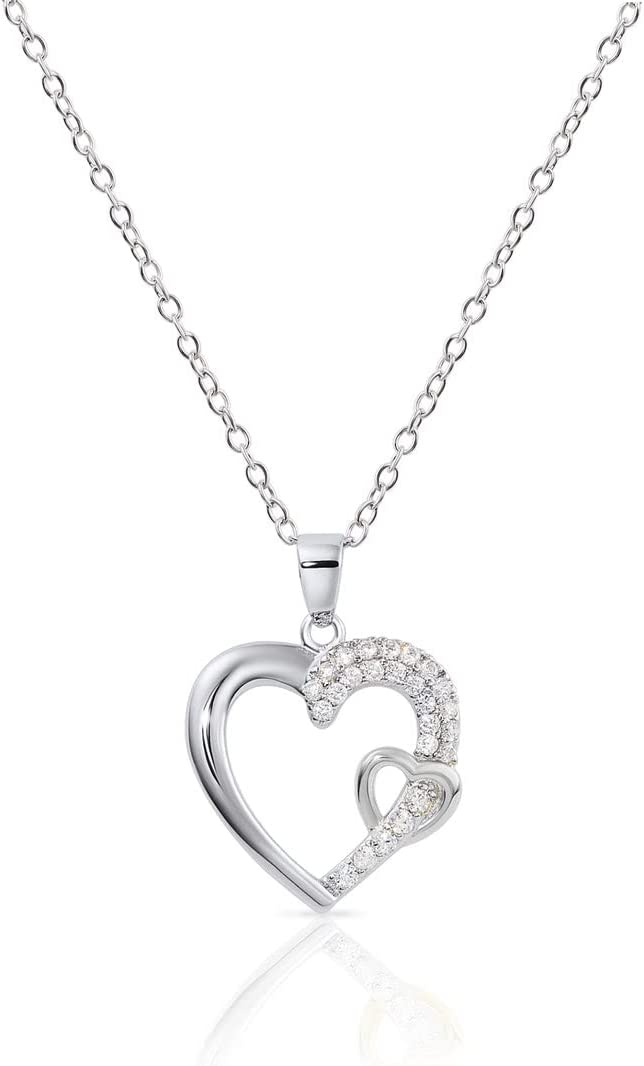 Sterling Silver Open Double Heart Cubic Zirconia Pendant