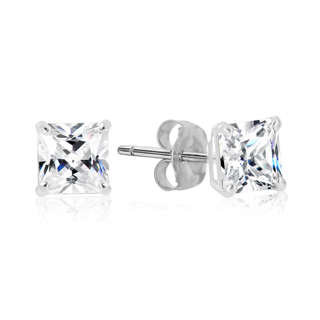 925 Sterling Silver 4 Prong Square Princess Solitaire Cubic Zirconia Studs - Pushback