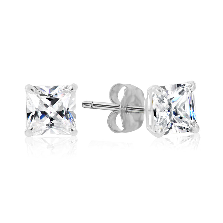 925 Sterling Silver 4 Prong Square Princess Solitaire Cubic Zirconia Studs - Pushback