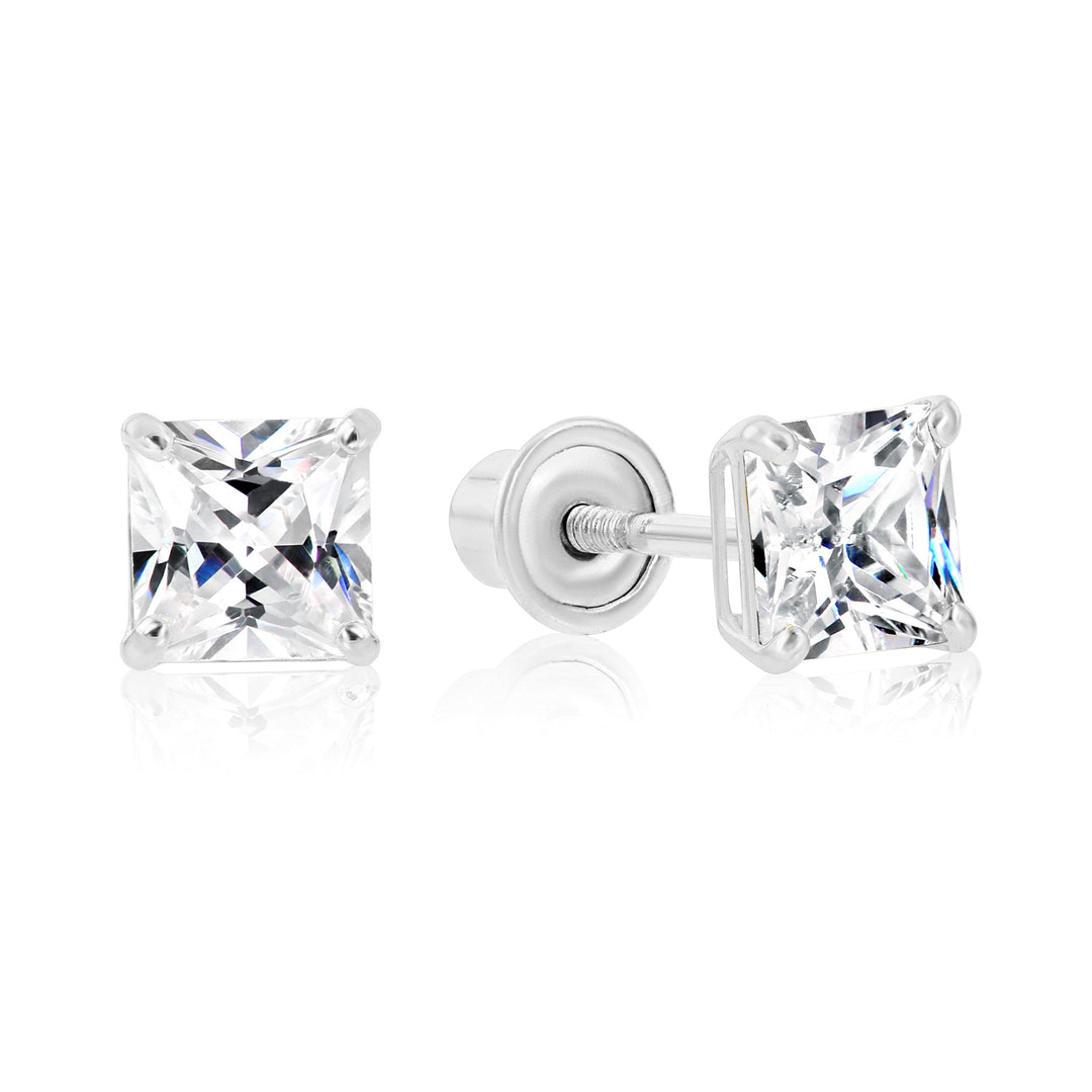 14k White Gold Cubic Zirconia Square Princess-Cut Stud Earrings, Screwback