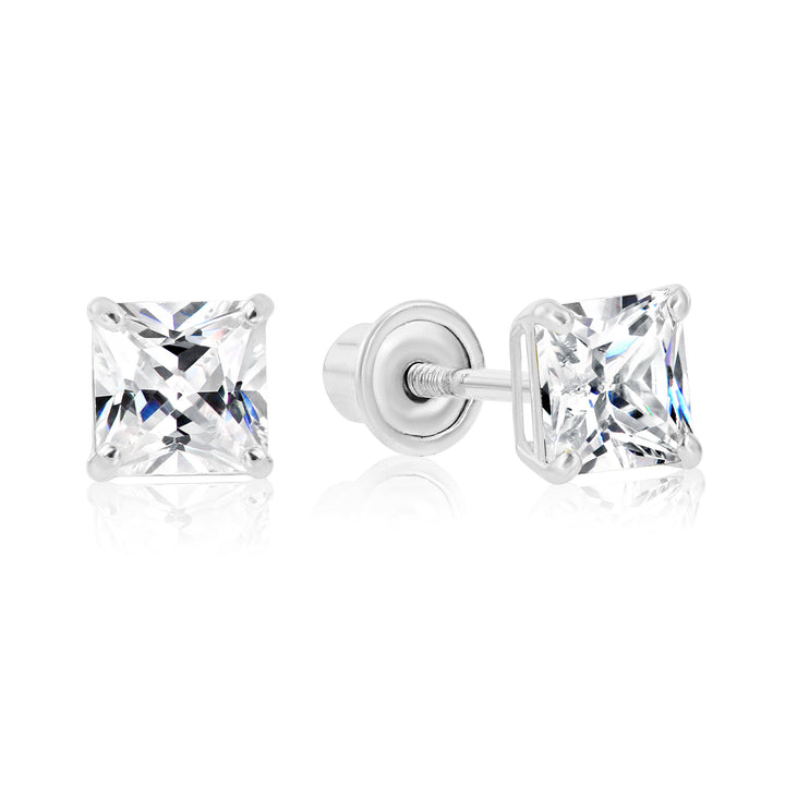14k White Gold Cubic Zirconia Square Princess-Cut Stud Earrings, Screwback