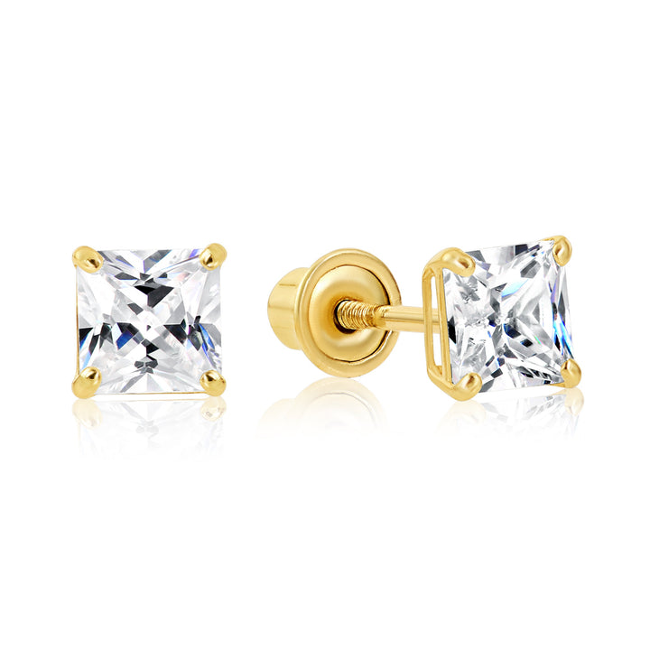 14k Yellow Gold Square Cubic Zirconia Stud Earrings - Screwback