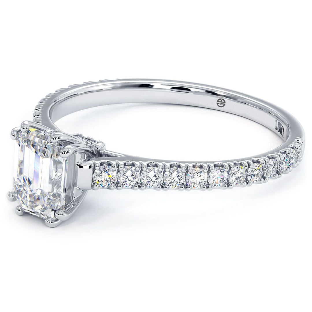 Emerald Cut Head, Double Prongs, Diamonds Under The Head, Petite Micropave Diamond Cathedral Shank, Engagement Ring Setting (0.35ctw) in 18k White Gold