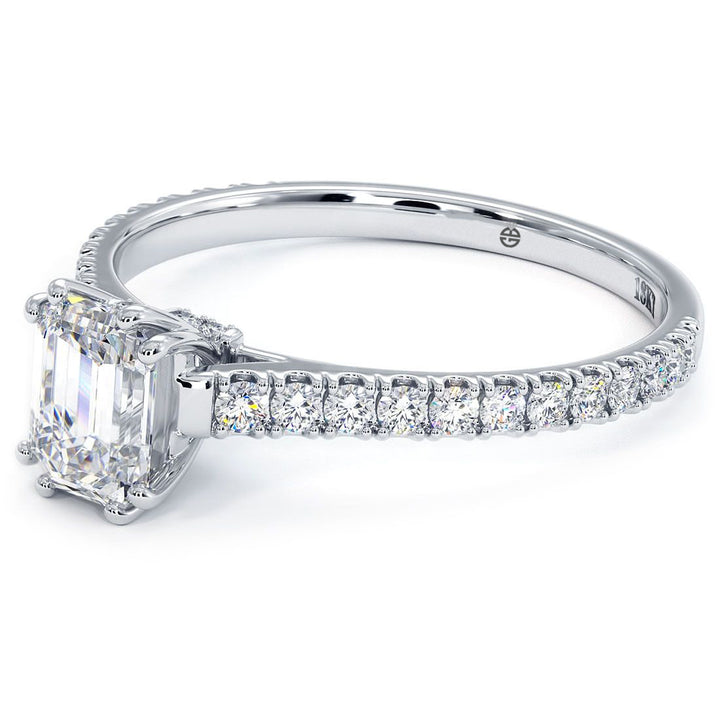 Emerald Cut Head, Double Prongs, Diamonds Under The Head, Petite Micropave Diamond Cathedral Shank, Engagement Ring Setting (0.35ctw) in 18k White Gold