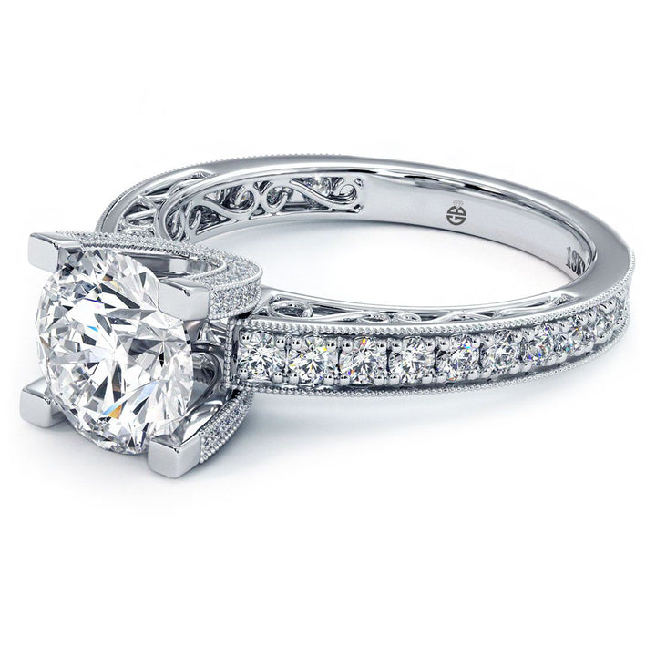Round Head, Filigree U Shape Prongs Vintage Style Diamond Engagement Ring Setting (0.63ctw) in 18k White Gold