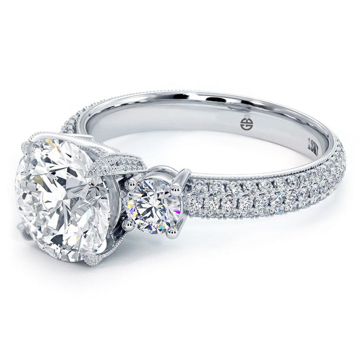 Round Center Three Stone Micropavé Eagle Prongs Diamond Engagement Ring Setting (1.12ctw) in 18k White Gold