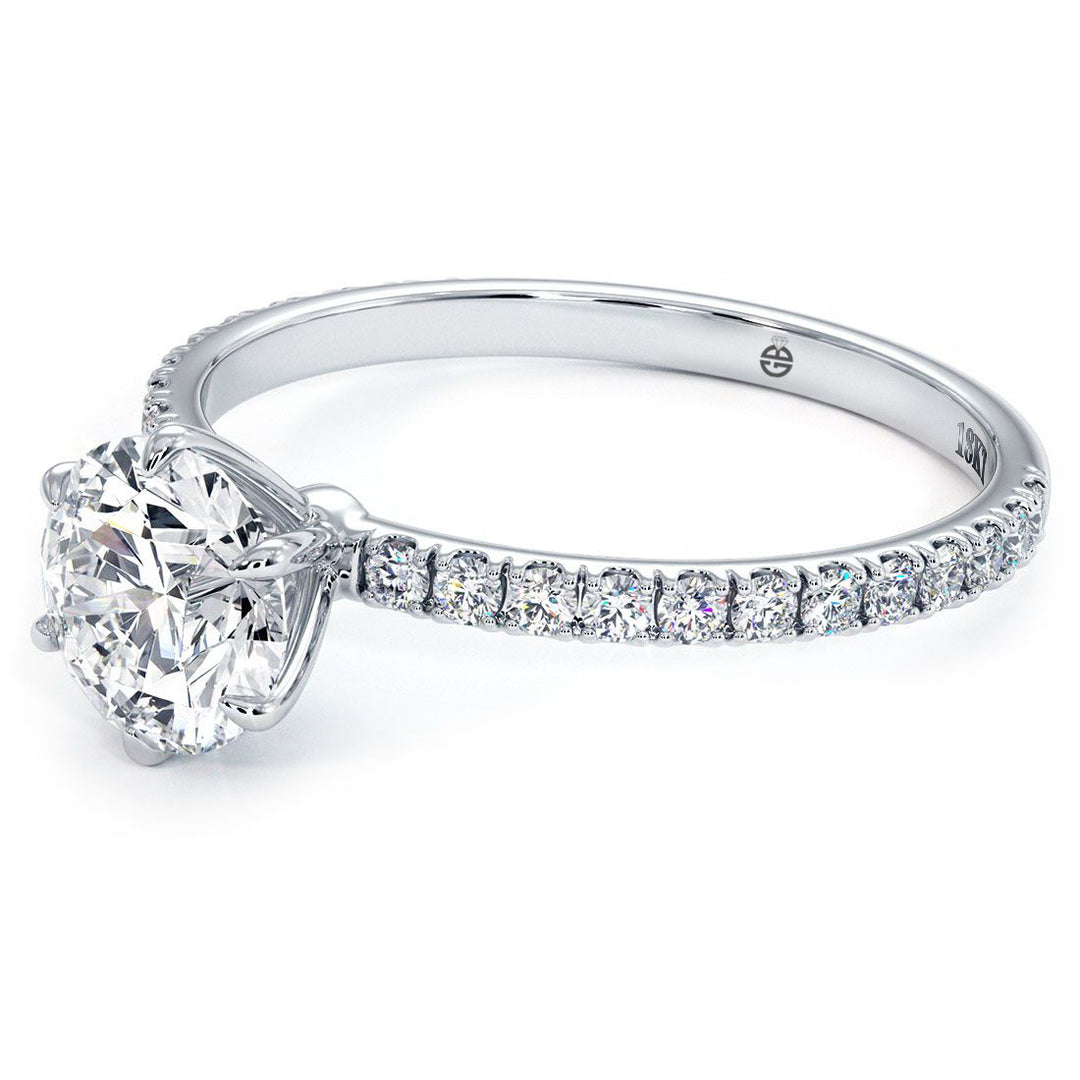 6 Prong Head for Round Cut Center, Petite Micropave Diamond Shank, Engagement Ring Setting (0.30ctw) in 18k White Gold