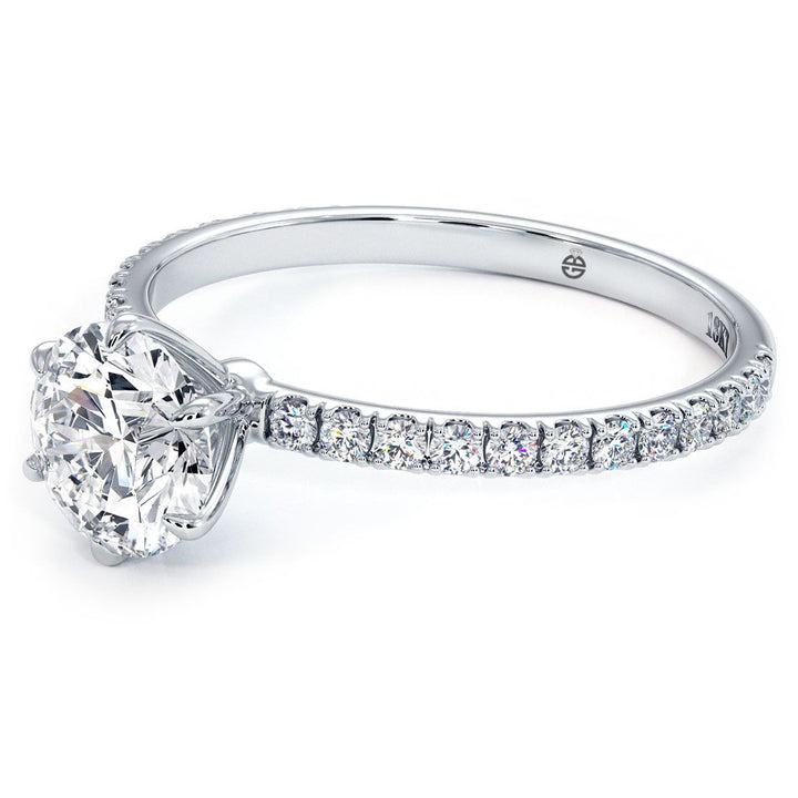 6 Prong Head for Round Cut Center, Petite Micropave Diamond Shank, Engagement Ring Setting (0.30ctw) in 18k White Gold