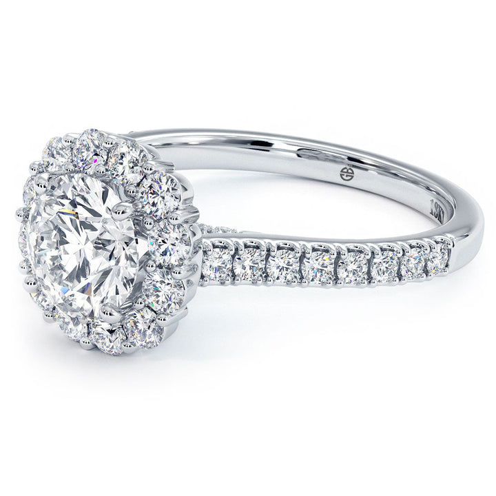 Round Halo, Floral Shape, Cathedral Diamond Shank, Diamonds On The Bridge, Engagement Ring Setting (0.90ctw) in 18k White Gold
