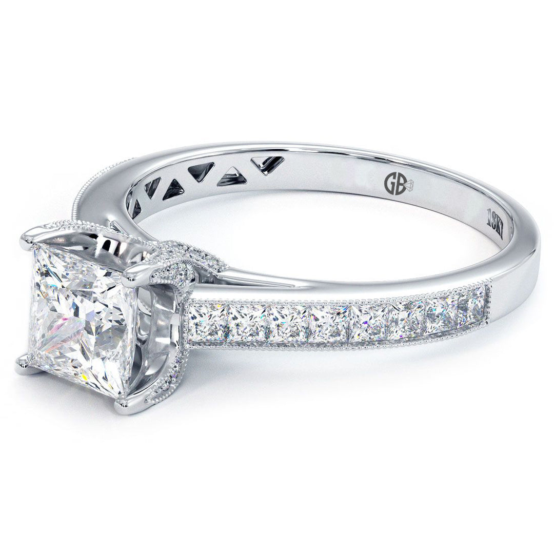 Princess Cut Cathedral Milgrain Channel Set Diamond Engagement Ring Setting (0.70ctw) in 18k White Gold
