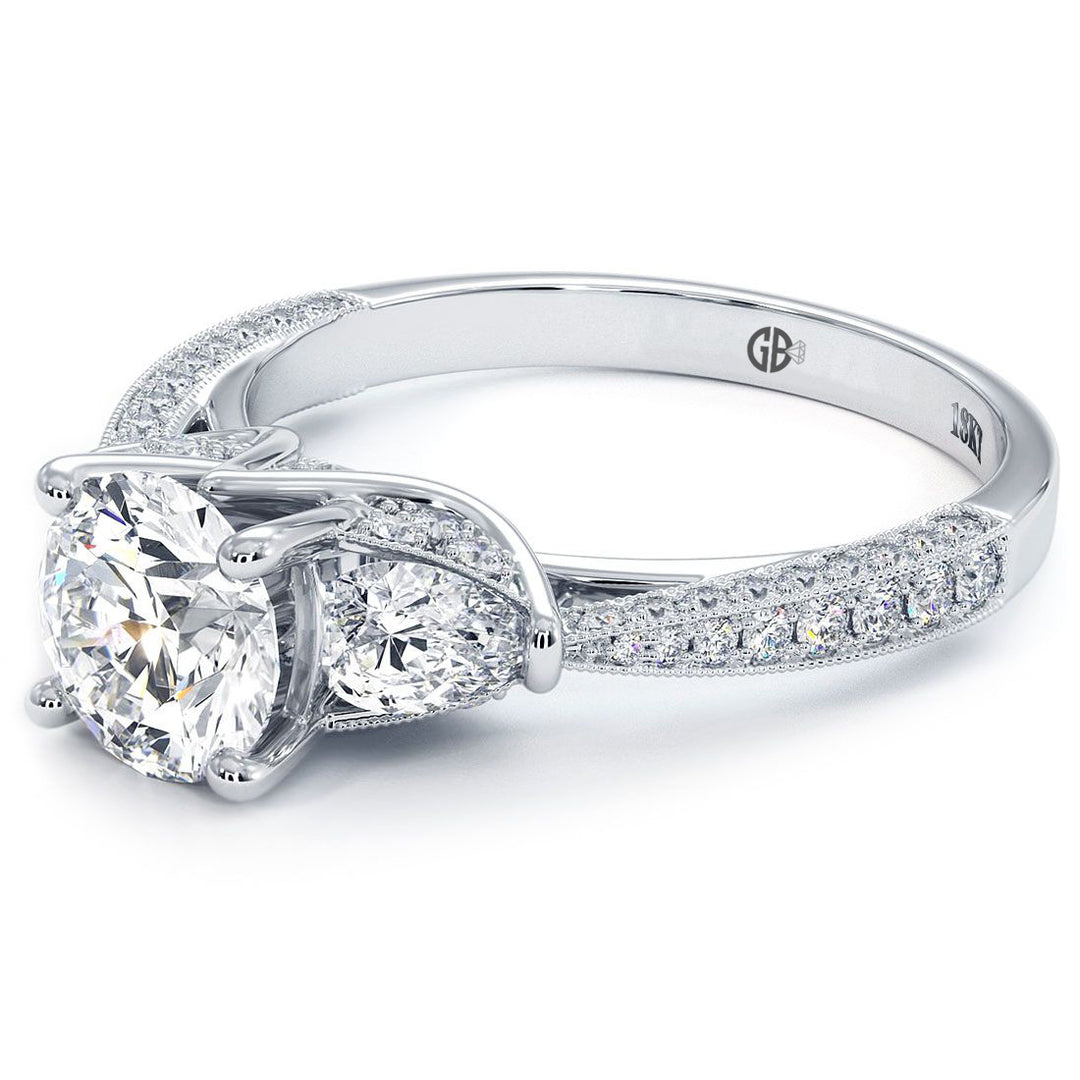 Round Center Three Stone Milgrain Vintage Style Diamond Engagement Ring Setting (0.75ctw) in 18k White Gold