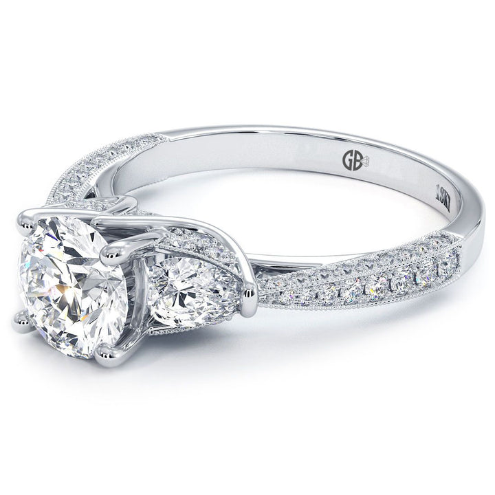 Round Center Three Stone Milgrain Vintage Style Diamond Engagement Ring Setting (0.75ctw) in 18k White Gold