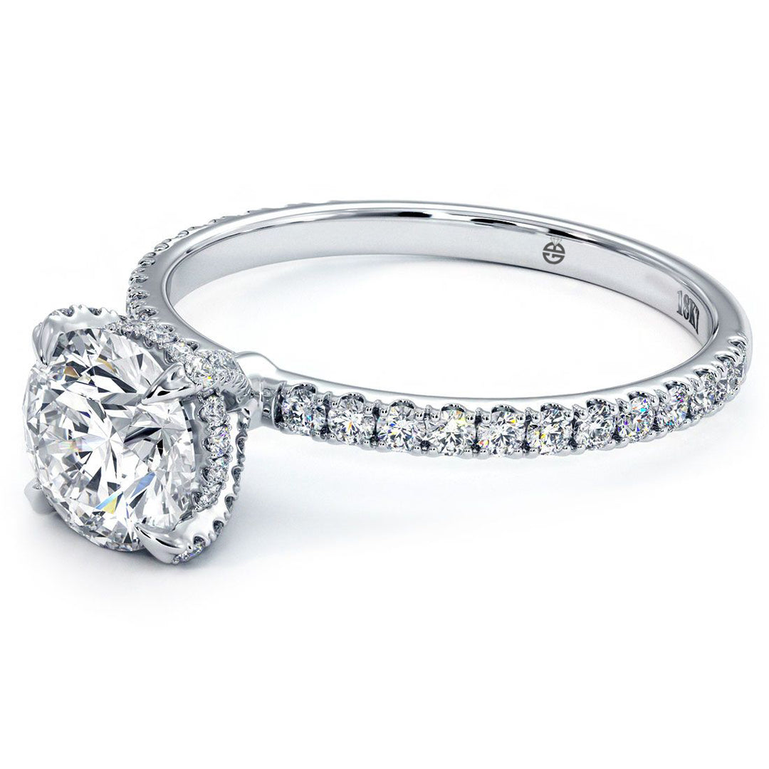 Round Hidden Halo Basket Head Brilliant Petite Micropavé Eagle Prongs Diamond Engagement Ring Setting (0.36ctw) in 18k White Gold