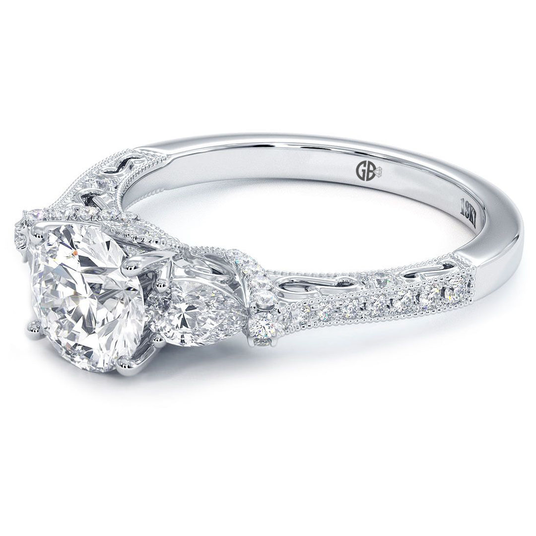 Round Head, Three Stone Ring With 2 Pear Shape Sides And Round Diamonds, Milgrain Vintage Style Diamond Engagement Ring Setting (0.70ctw) in 18k White Gold