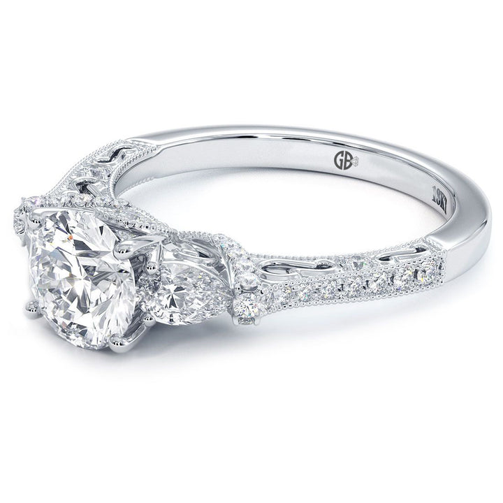 Round Head, Three Stone Ring With 2 Pear Shape Sides And Round Diamonds, Milgrain Vintage Style Diamond Engagement Ring Setting (0.70ctw) in 18k White Gold
