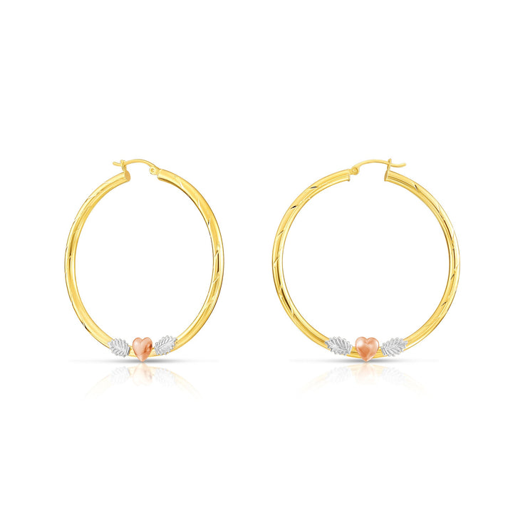 14K Tri-Color Gold Diamond Cut Heart Hoop Earrings, Flat Bar