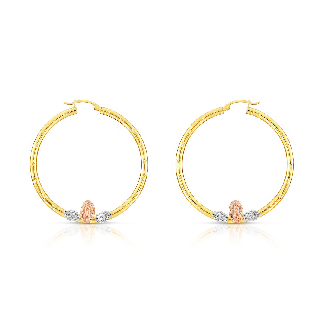14k Tri Color Gold Hoop with Guadeloupe and Diamond Cut, Flat Bar
