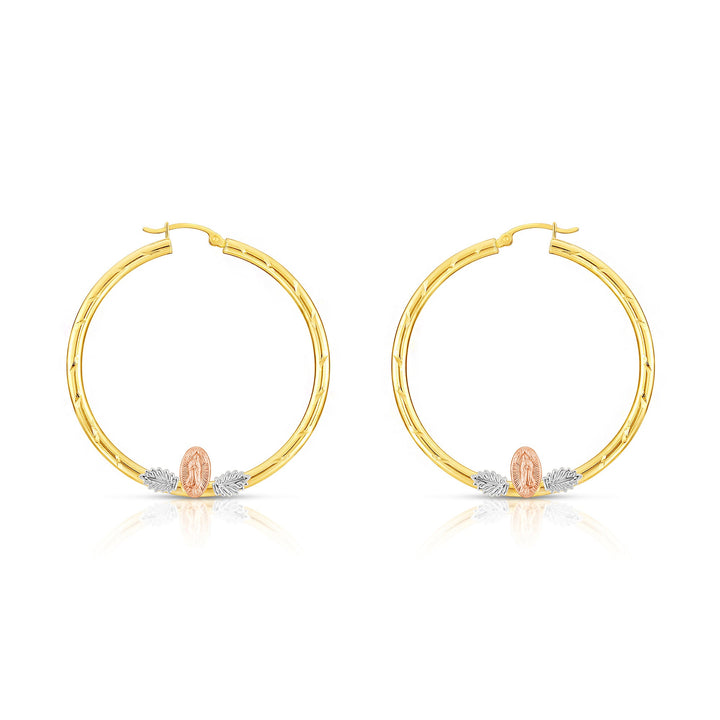 14k Tri Color Gold Hoop with Guadeloupe and Diamond Cut, Flat Bar
