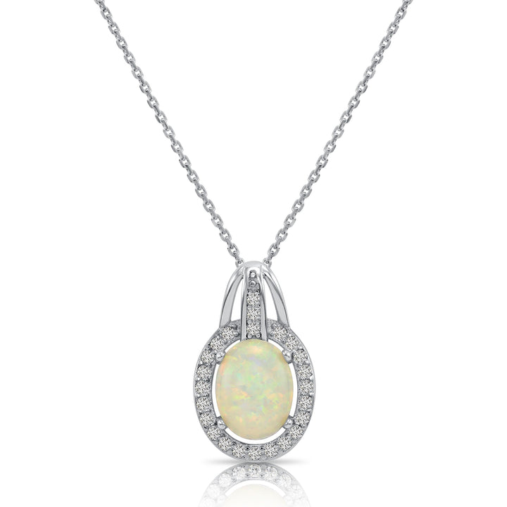 925 Sterling Silver Fire Oval Opal Halo Pendant Necklace