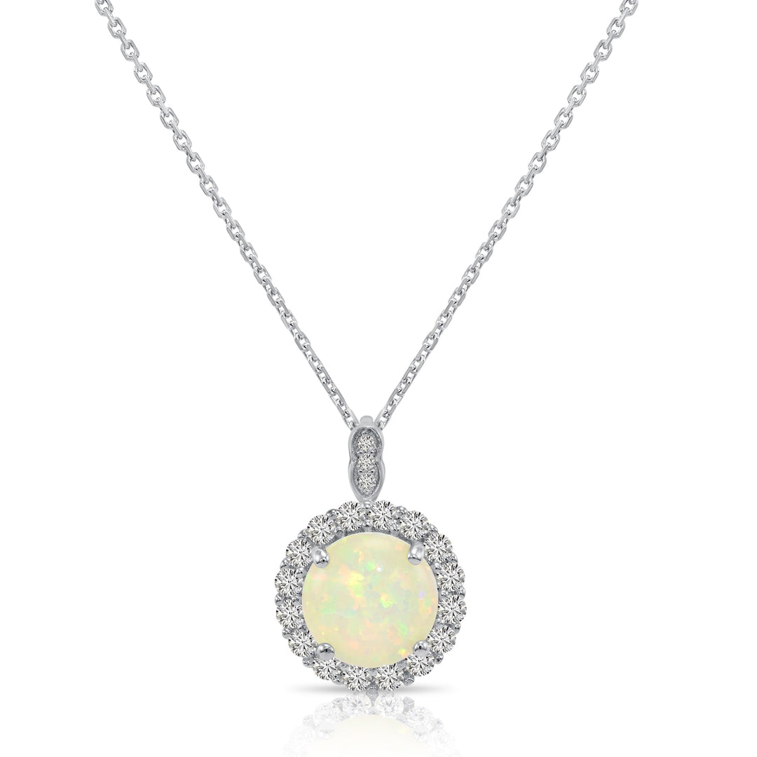 925 Sterling Silver Round Fire Opal Halo Pendant Necklace - NY21281
