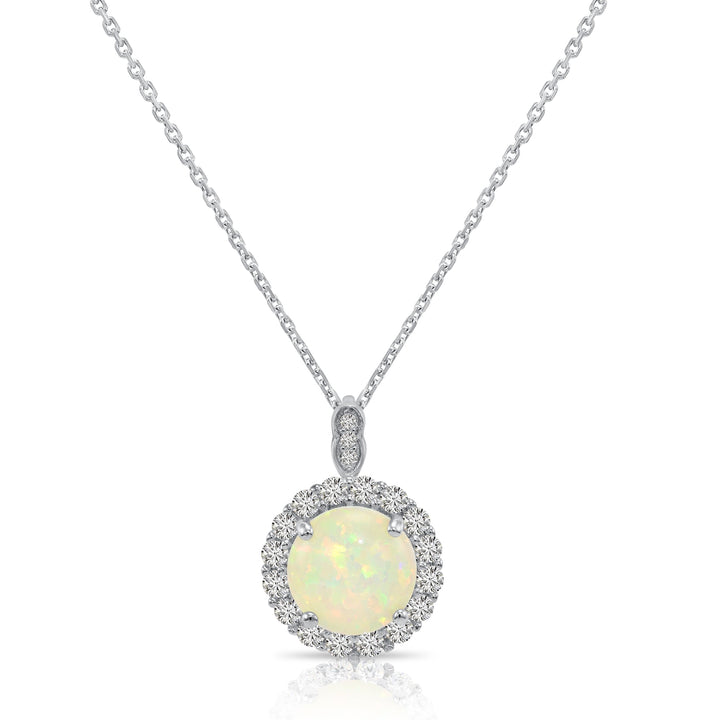 925 Sterling Silver Round Fire Opal Halo Pendant Necklace - NY21281