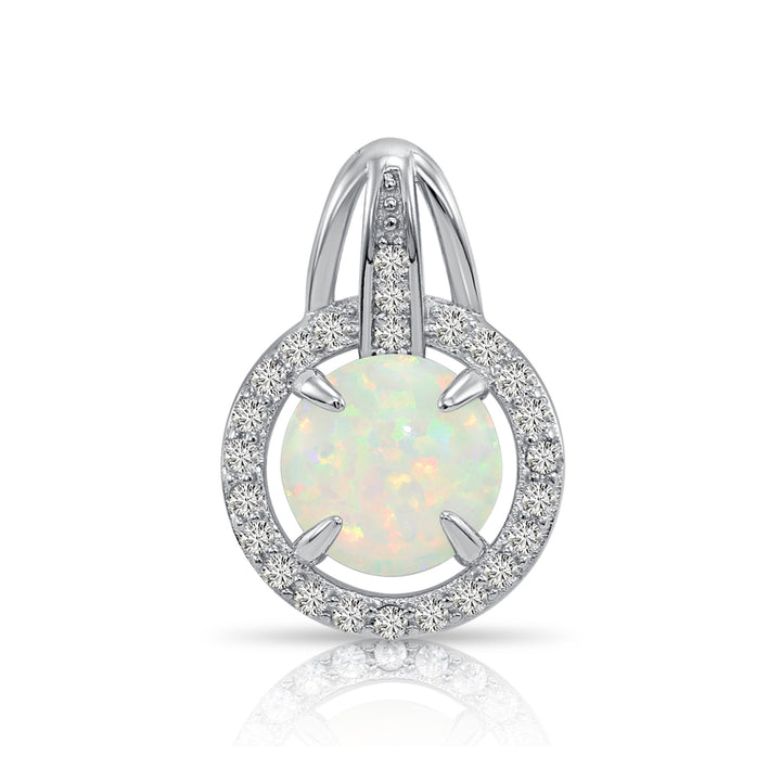 925 Sterling Silver Round Fire Opal Halo Pendant Necklace - NY21307