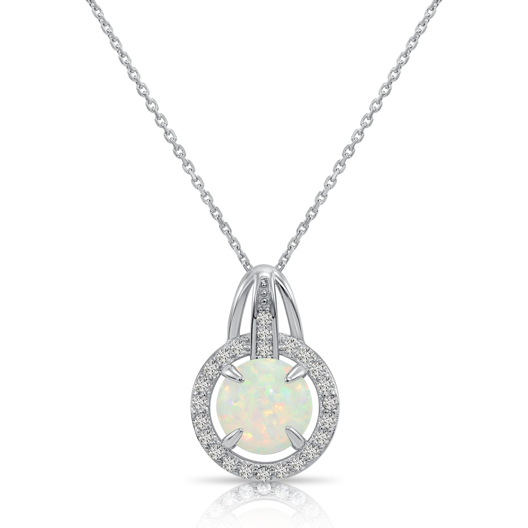 925 Sterling Silver Round Fire Opal Halo Pendant Necklace - NY21307